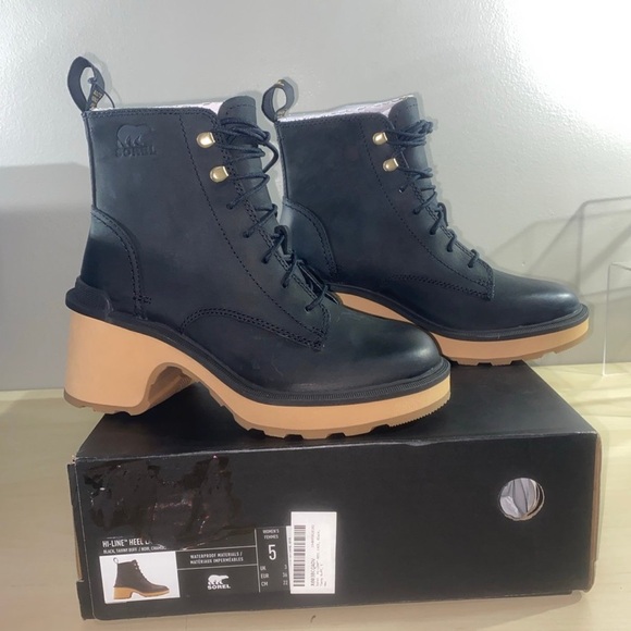 Sorel
Hi Line Heel Lace Leather Waterproof Boots 
Black /Tawny Buff
Women’s 5 - Picture 2 of 6